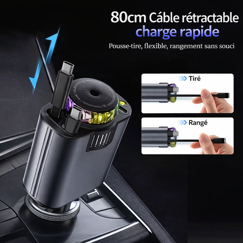 Chargeur Voiture Rapide 120W Multifonction – Câbles Rétractables Type-C & iPhone + Diffuseur d’Aromathérapie