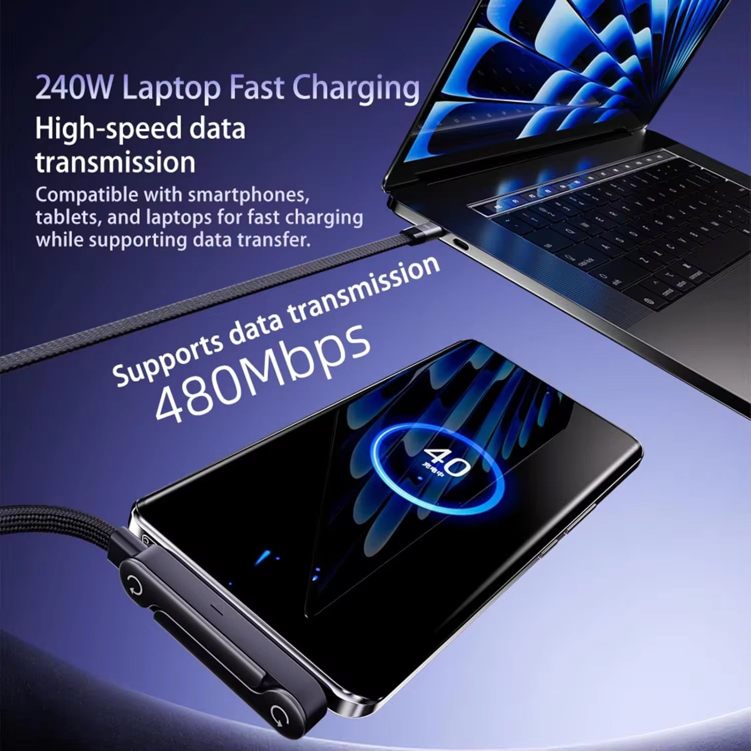 ⚡ SUPER FAST CHARGE – Câble 240W Ultra Résistant avec Support Intégré
