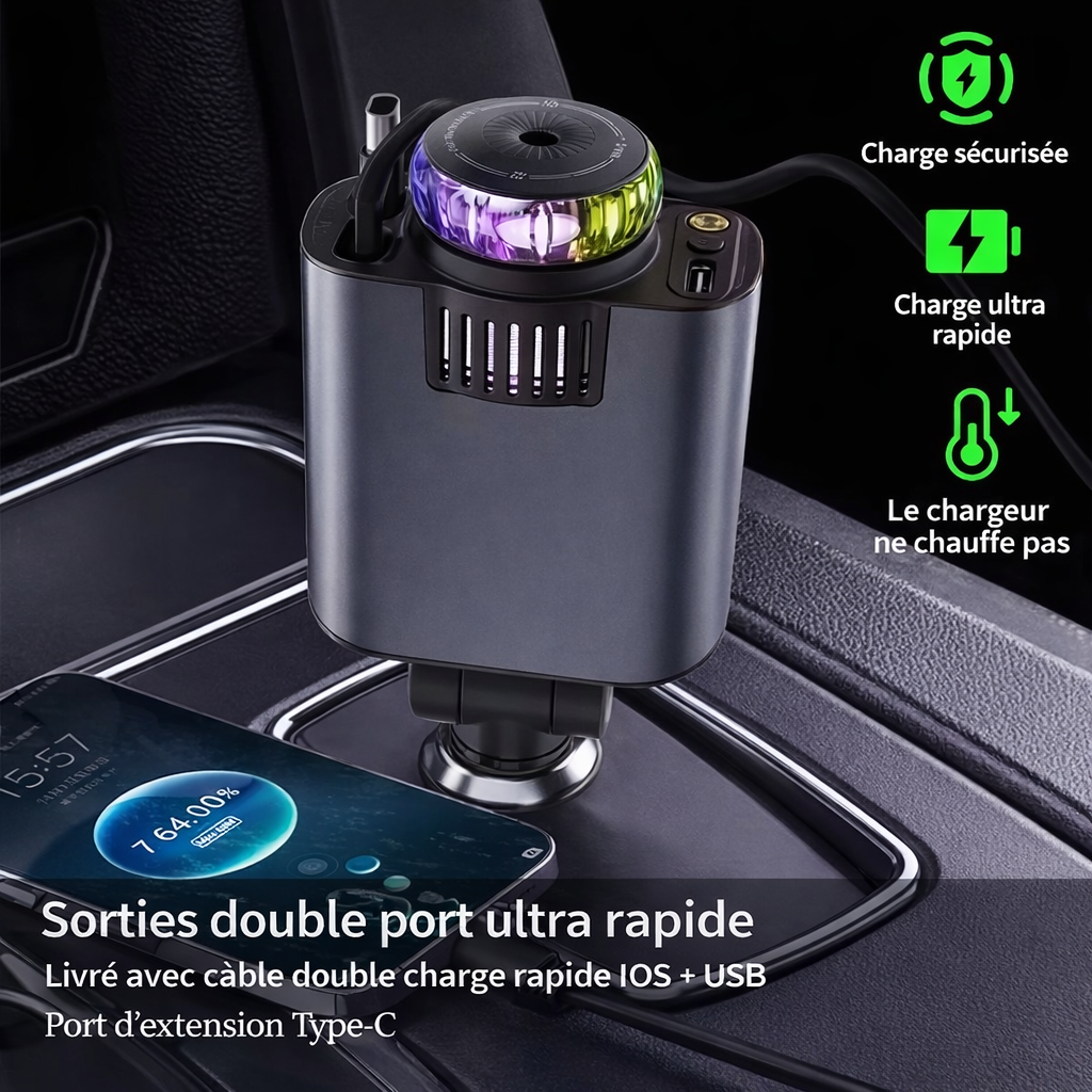 Chargeur Voiture Rapide 120W Multifonction – Câbles Rétractables Type-C & iPhone + Diffuseur d’Aromathérapie