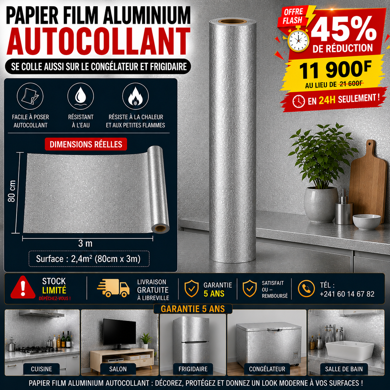 Film Adhésif Aluminium 80cmx3m– Donnez un nouveau visage à votre cuisine !