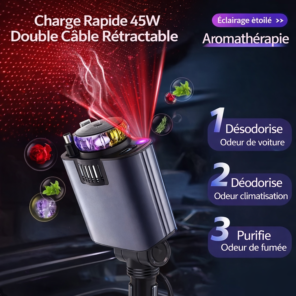 Chargeur Voiture Rapide 120W Multifonction – Câbles Rétractables Type-C & iPhone + Diffuseur d’Aromathérapie