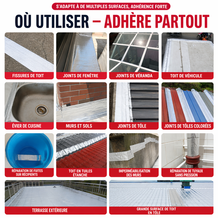 RUBAN ÉTANCHE ULTRA PUISSANT — STOP AUX FUITES D’EAU EN 2 MINUTES
Application simple sans outils
Dimensions : 5 cm x 10 m
Température supportée : -40°C à +120°C