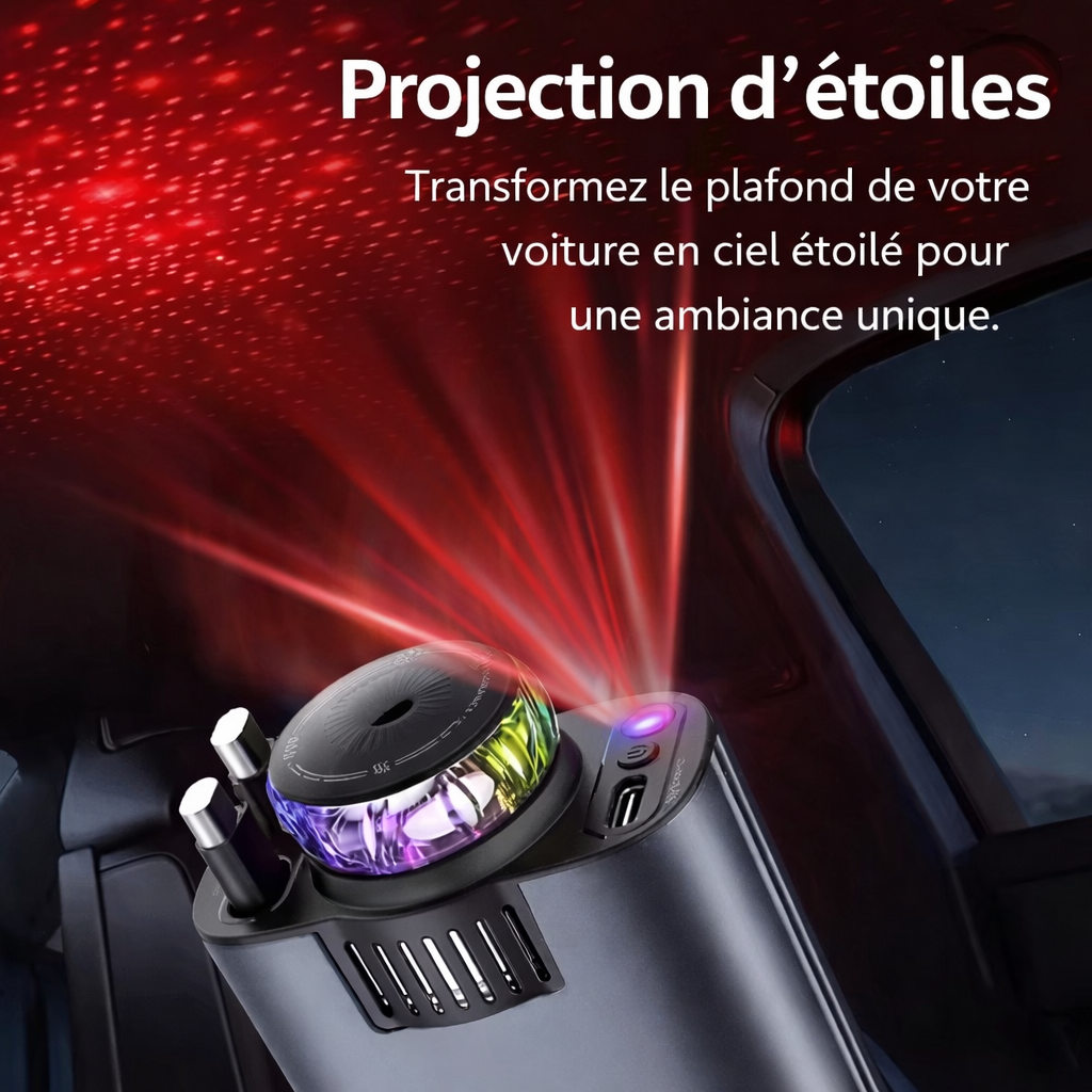 Chargeur Voiture Rapide 120W Multifonction – Câbles Rétractables Type-C & iPhone + Diffuseur d’Aromathérapie