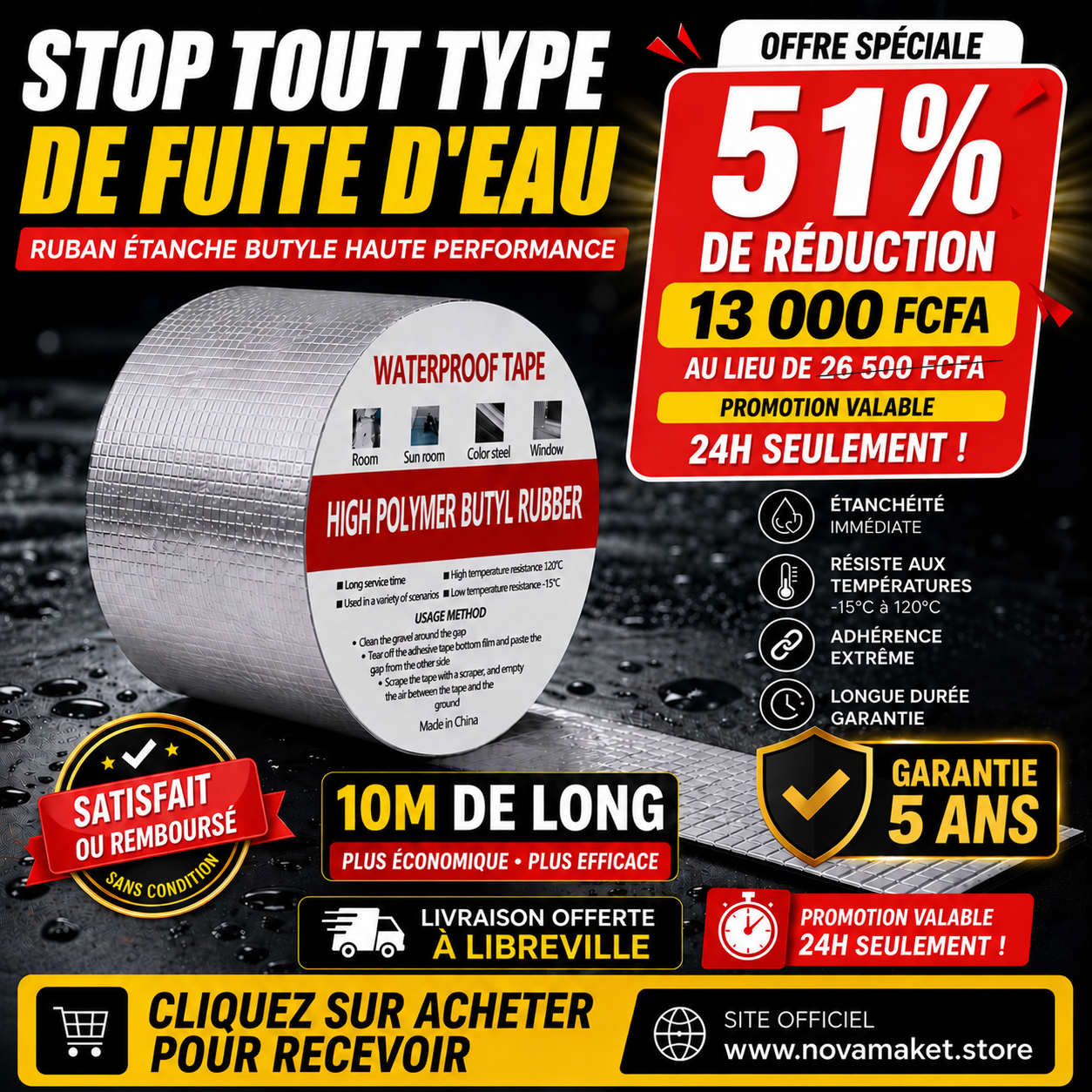 RUBAN ÉTANCHE ULTRA PUISSANT : 10 cm x 10 m
T supportée : -40°C à +120°C